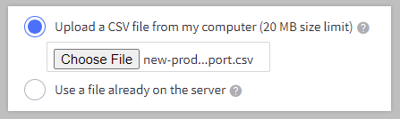 The import page in the control panel, with the different CSV upload options highlighted