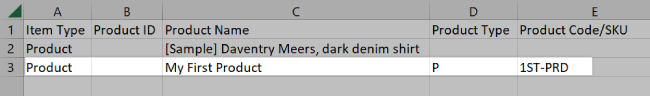 A CSV row with new product information. The ID field is blank.