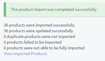 The import summary page, depicting a successful import
