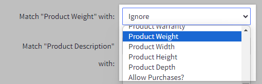 The drop-down menu next to the Product Weight attribute, with the corresponding Product Weight CSV column selected for matching