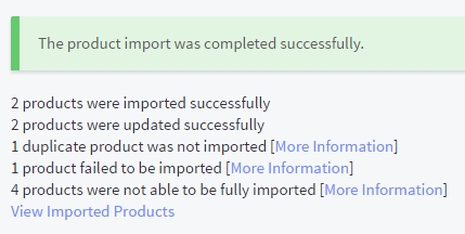 The import summary page, displaying successful and failed product imports with links to error logs