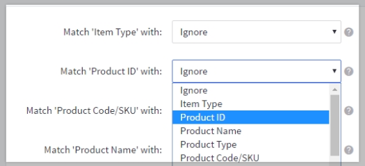 The Match Fields step of product import, depicting a drop-down menu where the Product ID column of the CSV file is linked to the Product ID attribute.