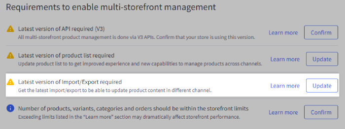 The Multi-Storefront requirements checklist, with the Import/Export upgrade action highlighted