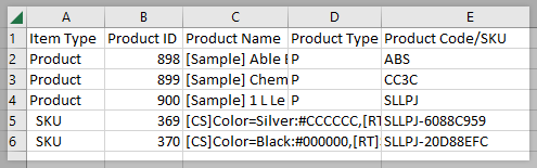 A CSV file depicting products and variants exported via the legacy experience