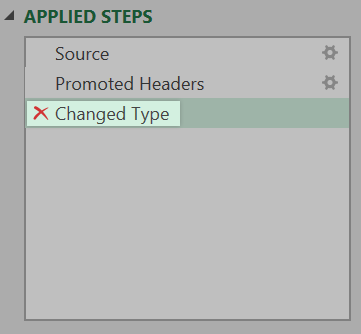 The Applied Steps panel under Query Settings, with the Changed Type option and the Deselect action highlighted
