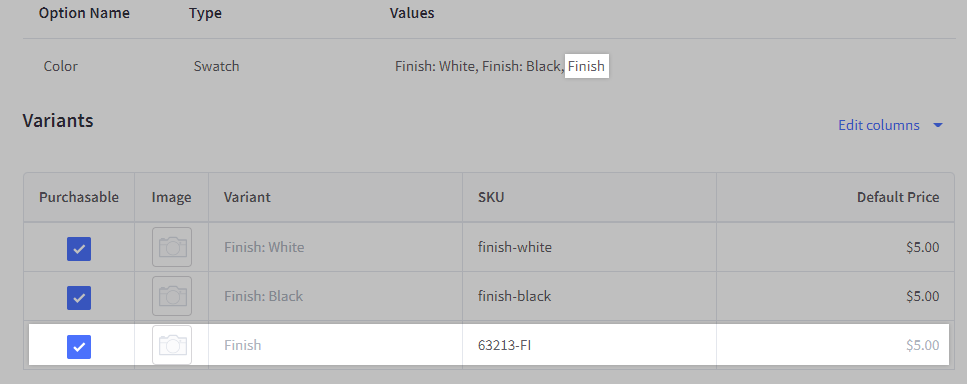 A product in the control panel, displaying an unintentionally created Finish variant