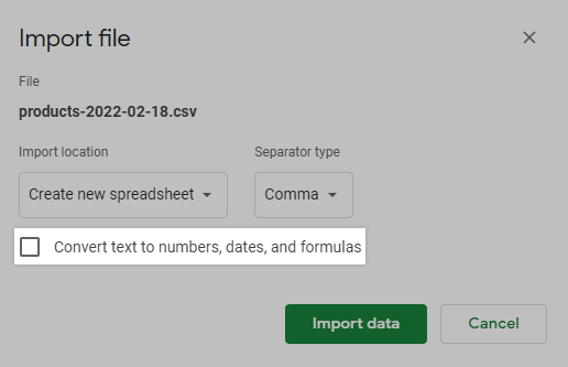 The Import file popup, with the checkbox for converting text to numbers deselected