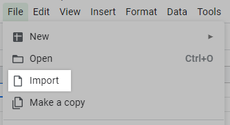 The File menu in Google Sheets, with the Import action highlighted