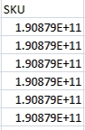 An example of numeric SKUs in a CSV file converted to scientific notation by the spreadsheet program