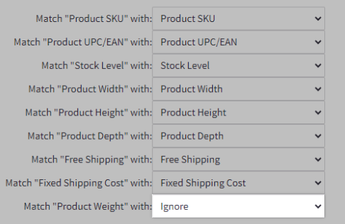 The list of product SKU fields and drop-down menus to link them to CSV columns