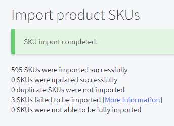 The import summary page detailing how many product SKUs were updated, and providing an error log for SKUs that failed to be imported