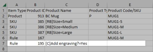 A modifier Rule row in the CSV file