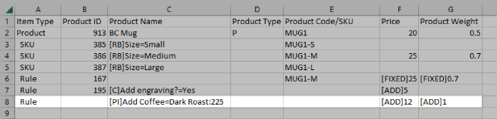A pick list rule that adjusts the price and weight of the pick list option