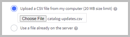The options to upload a CSV file from your computer or from WebDAV