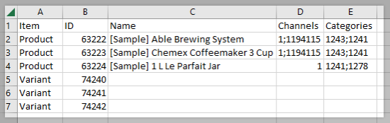 Products and variants in a CSV file, displaying channel and category fields