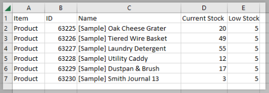 A CSV file with necessary product fields to update stock