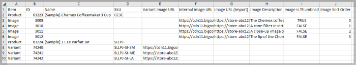 Product and image rows in a CSV file, displaying relevant image columns