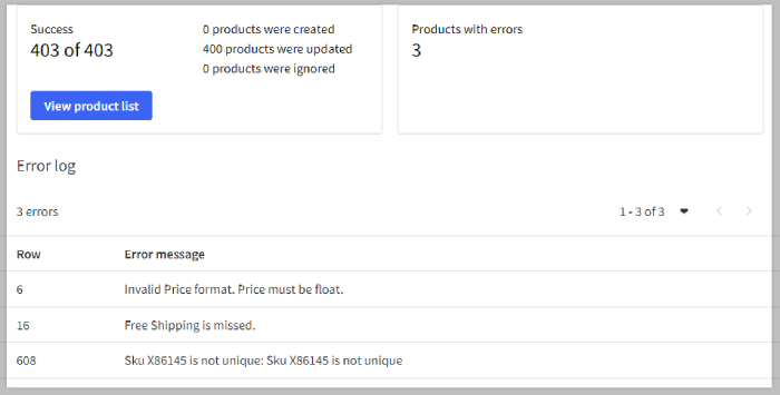 The import summary page displaying three import errors