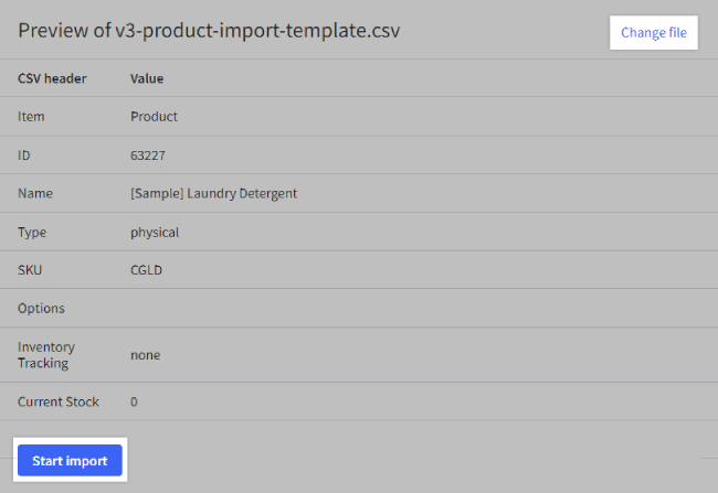 The import preview page with the Change file action highlighted