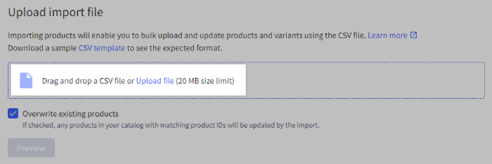 Drag and drop your CSV file to upload it to your control panel
