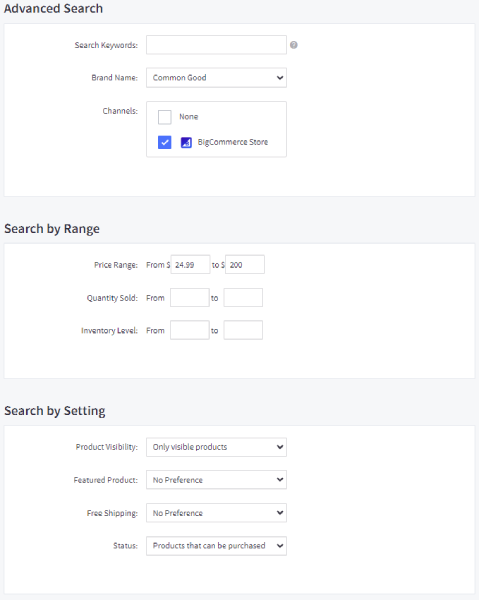 The Advanced Search page for narrowing product list results