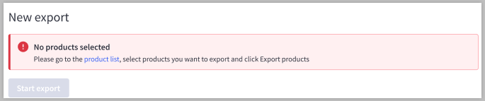 The No products selected error occurring on the Export page