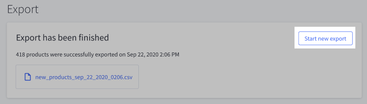 A finished export, with the Start new export action highlight