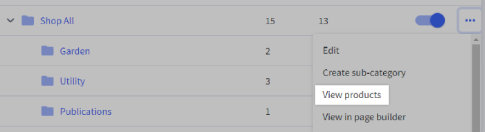 Select the View products action from the action menu of a specific category