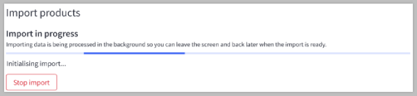 The import progress bar, with an action to stop the import if desired