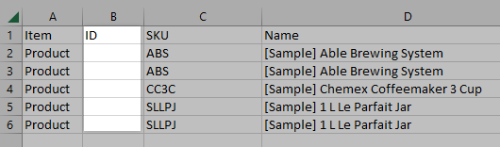 The CSV export file, with all product IDs removed