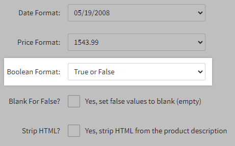The template's Boolean Format setting, configured to display Boolean values as True or False