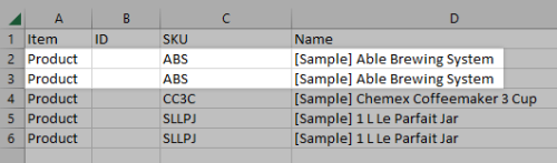 A product with two images, displayed in the CSV file as two separate rows