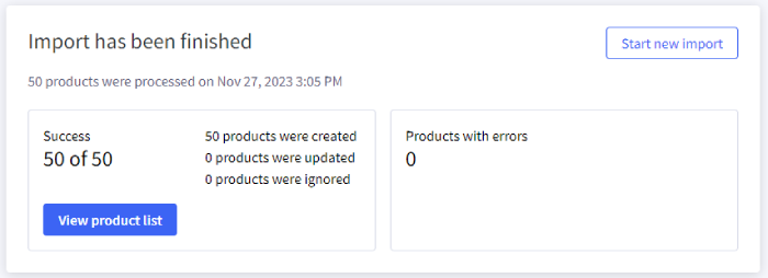 The Import summary page, displaying a successful import with no errors