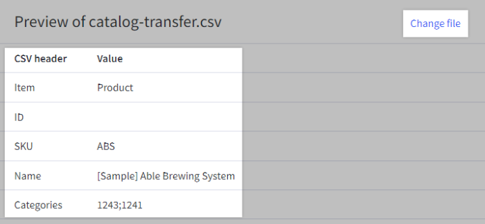 The Preview page, displaying the first product in your CSV file, and the option to change the file if needed