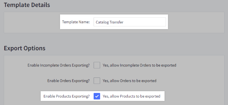 A custom export template for product exports, given the name Catalog Transfer