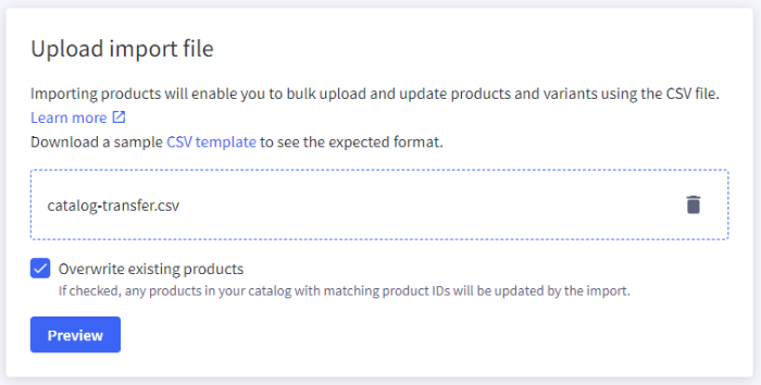Drag and drop your CSV file to upload it to your store