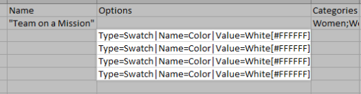 The Options values of variant rows in a CSV file, formatted for the modern import experience