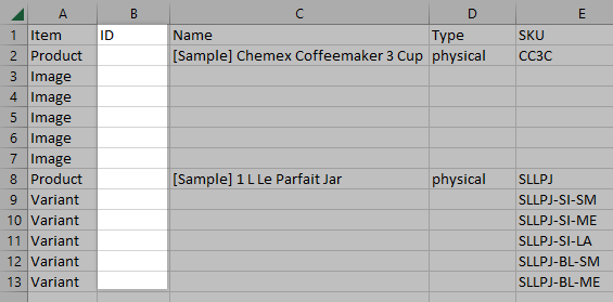 A CSV file of existing products, with all values removed from the ID column