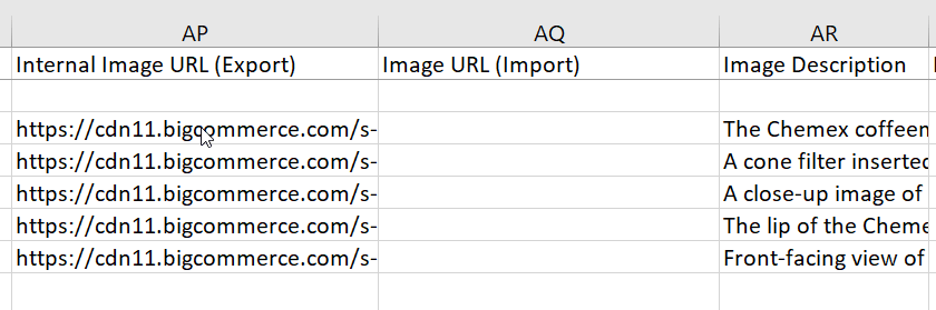 Product image URLs relocated from the Export column to the Import column of the CSV