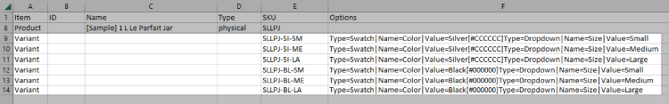 A CSV containing existing product variants, with the ID column cleared out