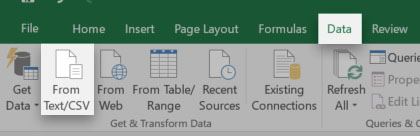 The Data tab of Microsoft Excel, with the From Text/CSV action highlighted