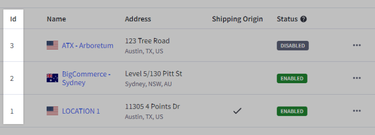 A location's ID is listed to its left in the locations view.