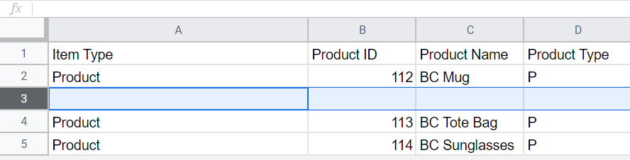 Screenshot of a CSV in a spreadsheet program with a new blank row added beneath the product row that will be receiving the option or rule