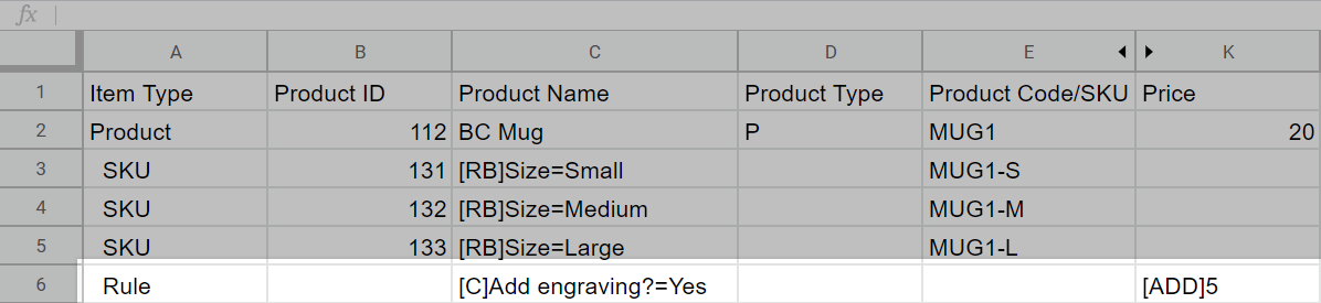 New rule row in the CSV formatted to add $5 to the price when the modifier checkbox is selected