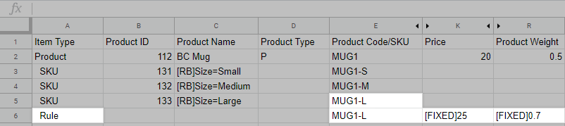 A new rule row added to the CSV showing that it is using the same Product Code/SKU as the SKU variant it is assigned to