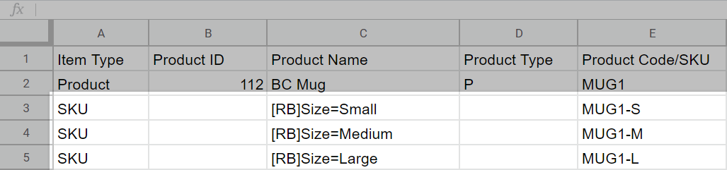 Three new rows with Item Type SKU