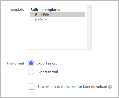 Export Products showing Export Templates and File Format Options