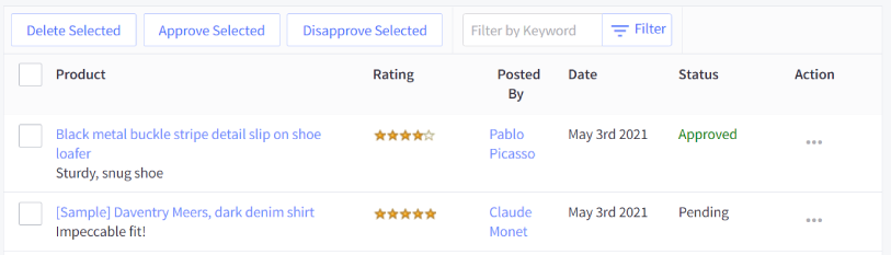 View Product Reviews screen