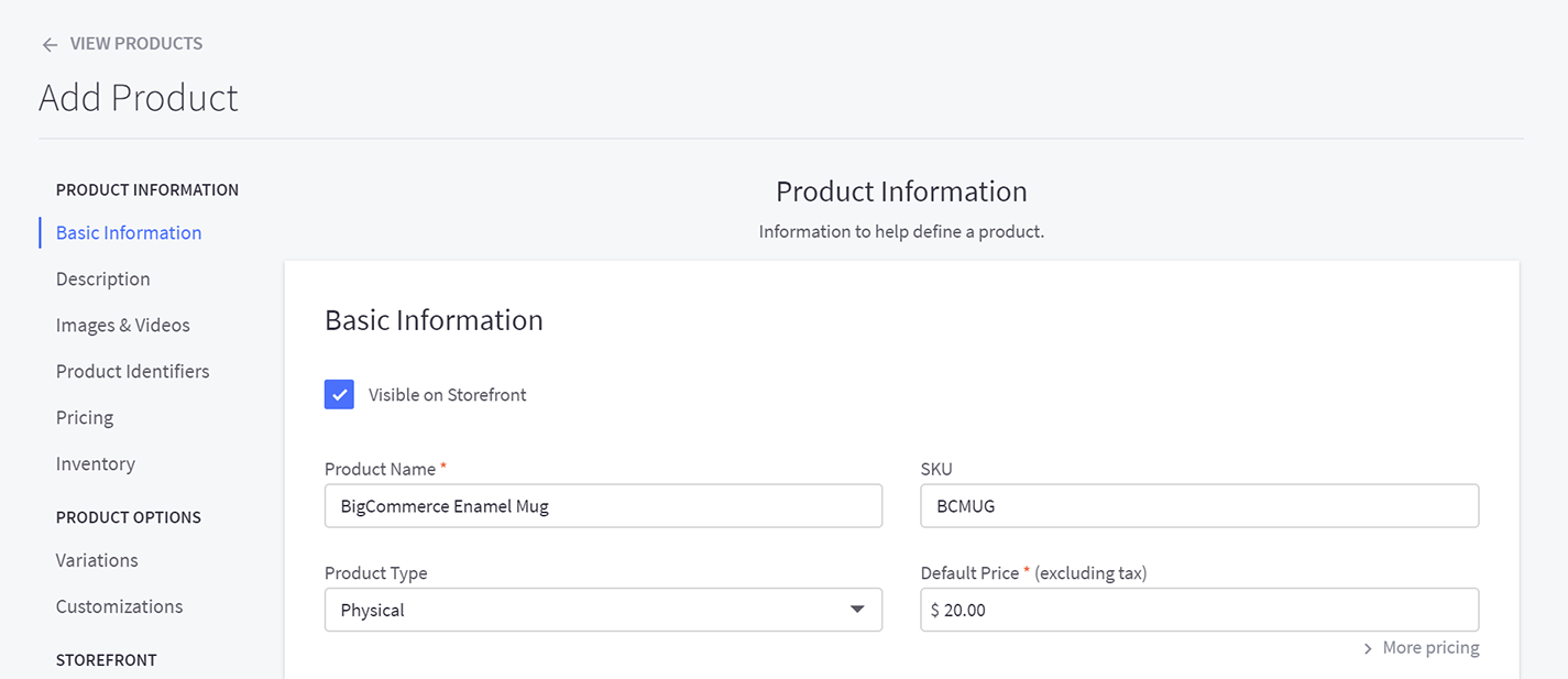 The Add Products page in the control panel