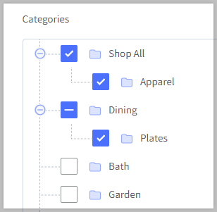 Category selection tree showing an example with the Dining parent category not selected and the Plates subcategory selected.